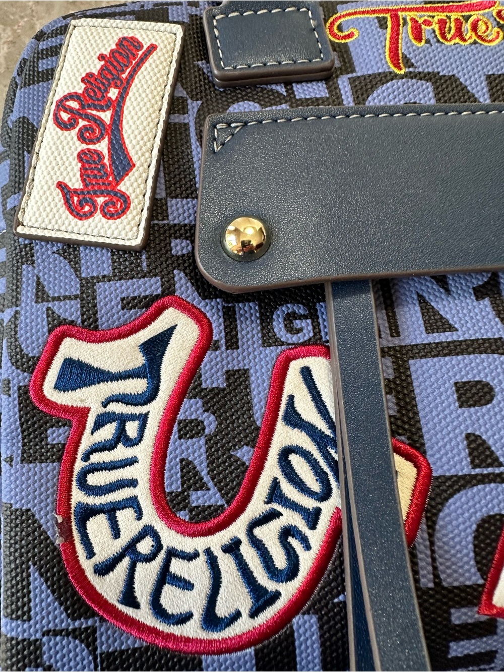 True Religion Multi Patch Satchel Bag Navy Denim Crossbody Monogram Y2K NWT - Picture 10 of 14
